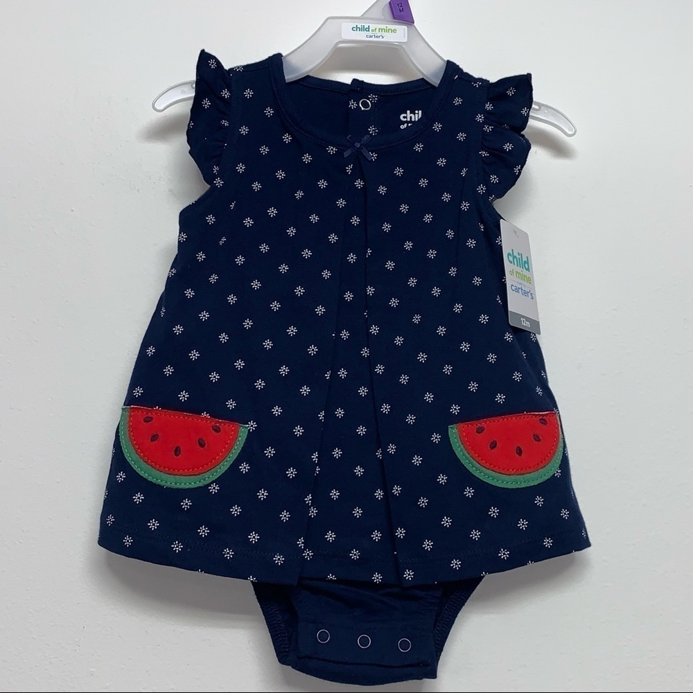 Carter's Child of Mine Blue 12M White Red Watermelon Bodysuit Dress Romper NEW